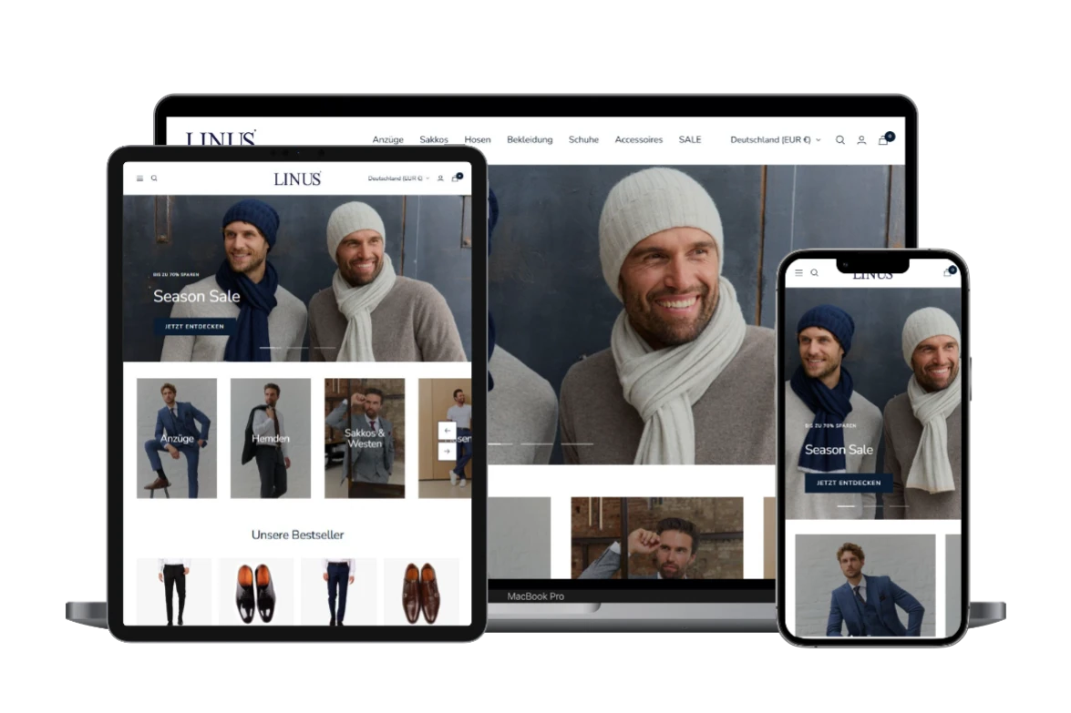 LINUS Herrenmode Shopify-Shop auf Desktop, Tablet und Smartphone
